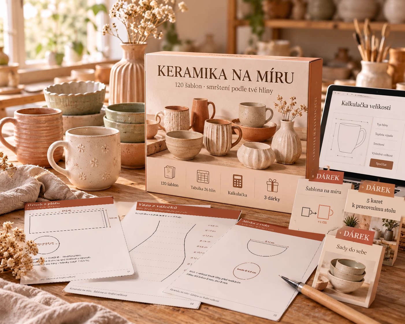 Hotové hrnky, misky a vázy, vytištěné šablony Keramika na míru, kalkulačka a 3 dárky (digitální produkt ke stažení)